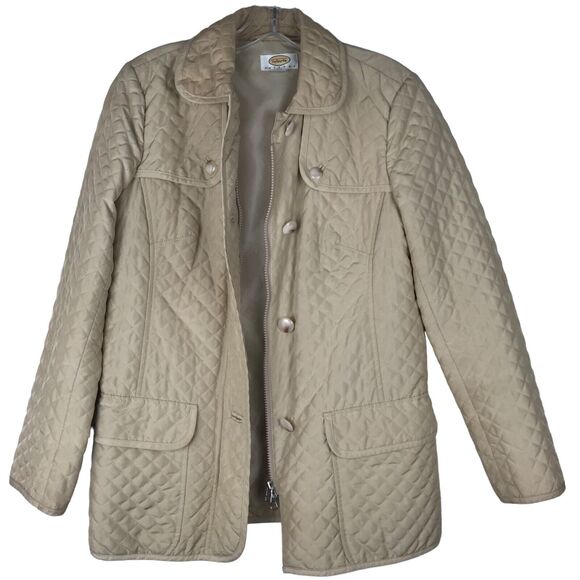 Vtg Talbots Petites Quilted Jacket Tan Full Zip Button Front Collared Pockets PP - Picture 6 of 13